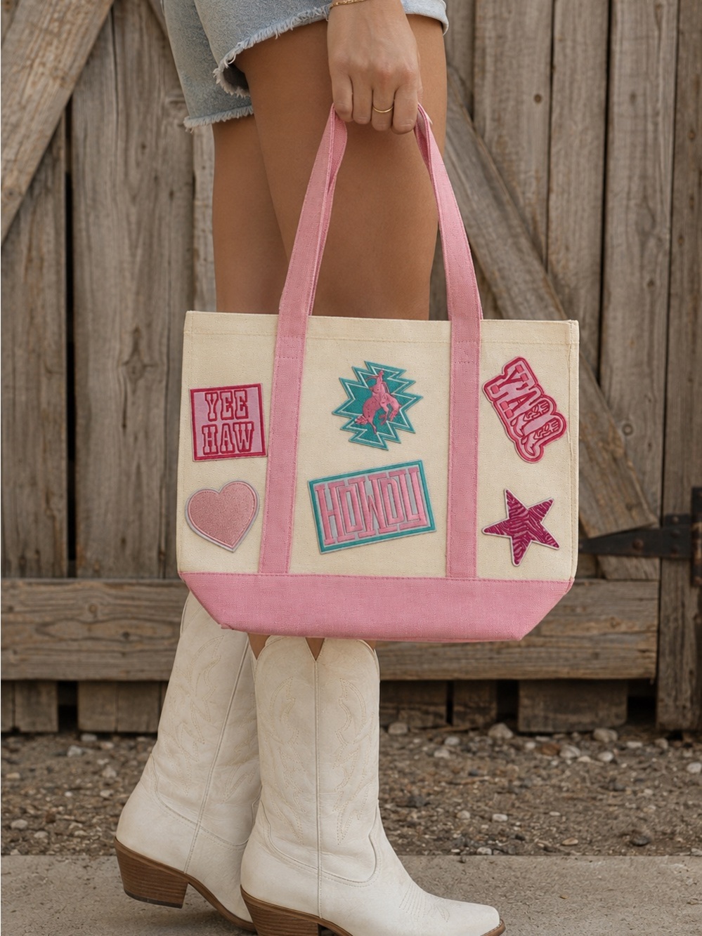 Pink Western Cowgirl Patch Canvas Tote Bag 13” x 11”